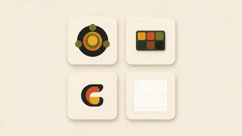 Grid of four abstract logo design elements: symbol, color palette, typography, and layout grid
