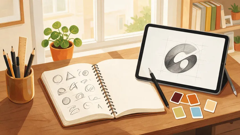 Designer's desk with a sketchbook of thumbnail shapes and a tablet showing a refined grayscale logo concept