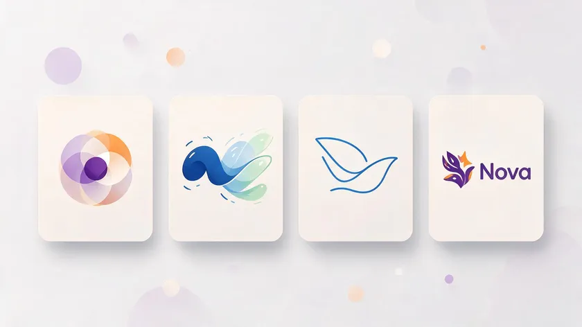 Four abstract logo style concepts side by side: geometric, dynamic, line-art, and combination mark