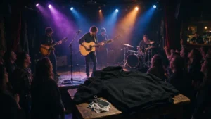 band logo ideas displayed on merch at a live indie rock show