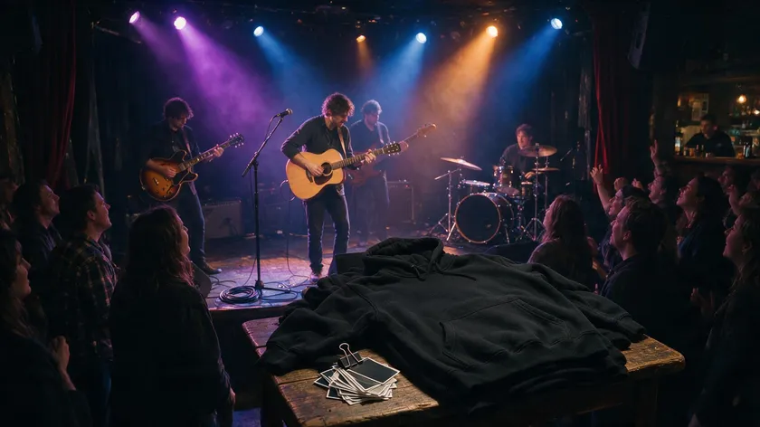 band logo ideas displayed on merch at a live indie rock show