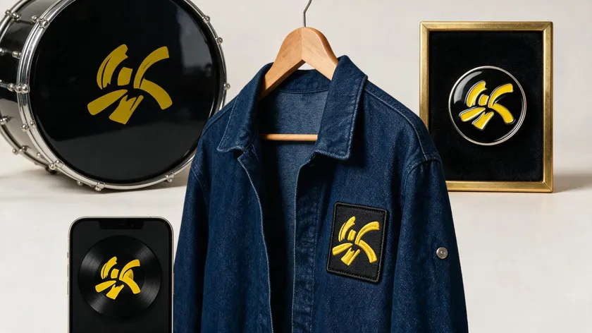 band logo applied across merch including a drum head, jacket patch, and enamel pin