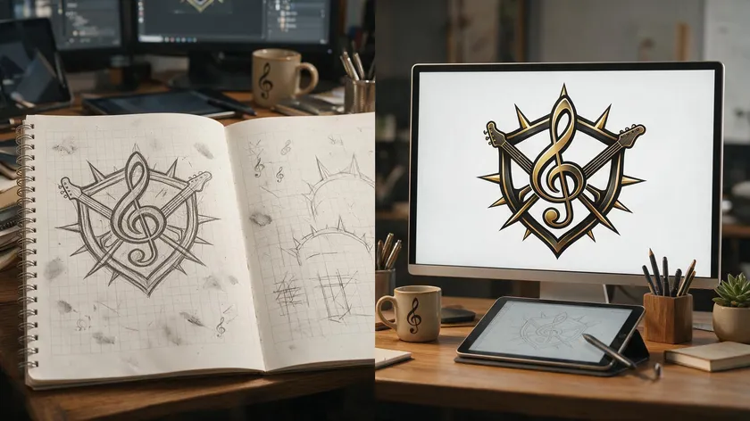 band logo design process from rough sketch to finished digital emblem