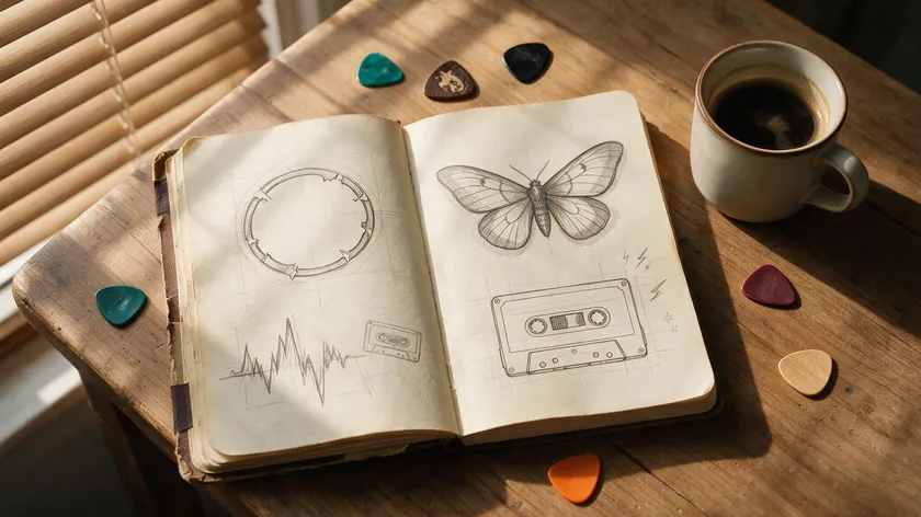 hand-drawn band logo symbol sketches including a moth and cassette icon