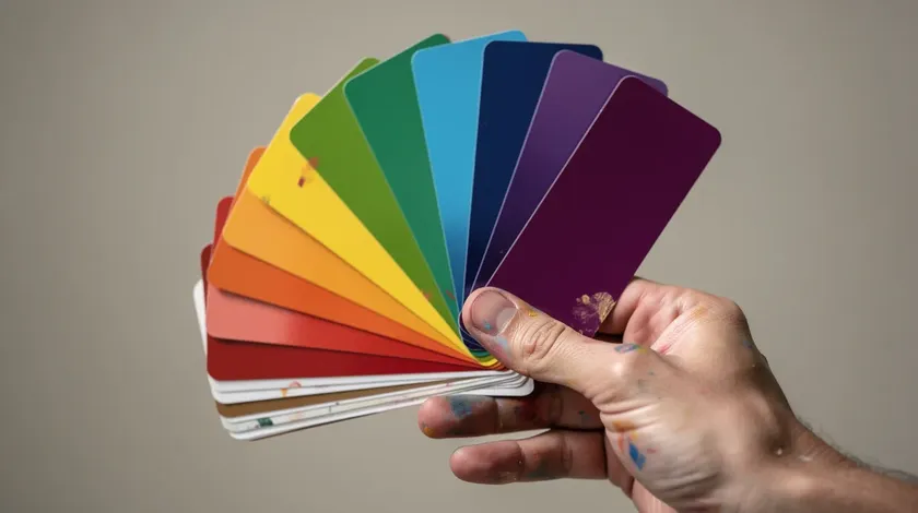 hand holding a fanned selection of colorful paint swatches for logo color choices