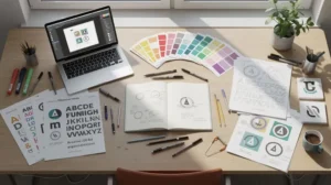 designer's desk with sketches, color swatches, and typography sheets for early logo concepts