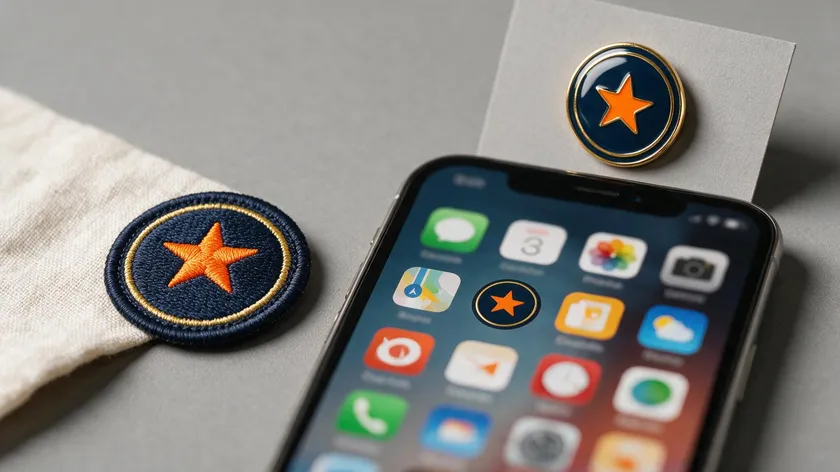 logo icon applied to an app icon grid, enamel pin, and embroidered patch to test small sizes