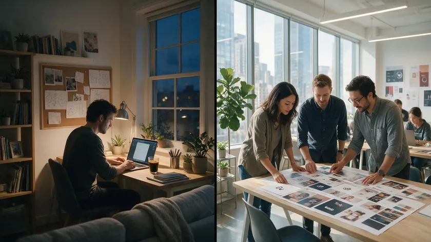 split scene of a solo founder working late versus a small team reviewing brand boards