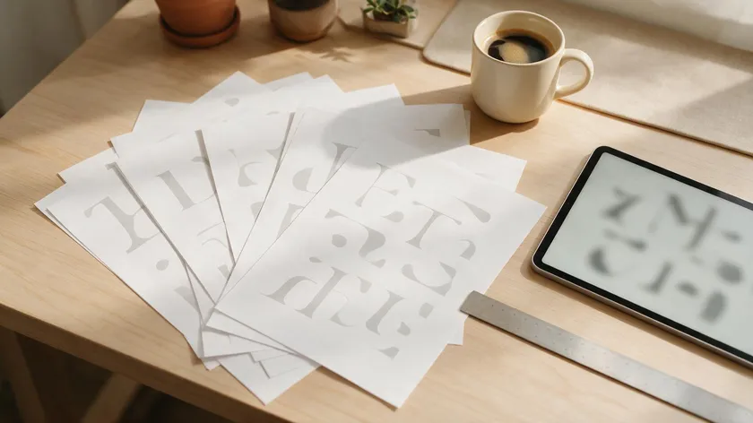 flat lay of font specimen sheets and a tablet on a desk for choosing logo typography