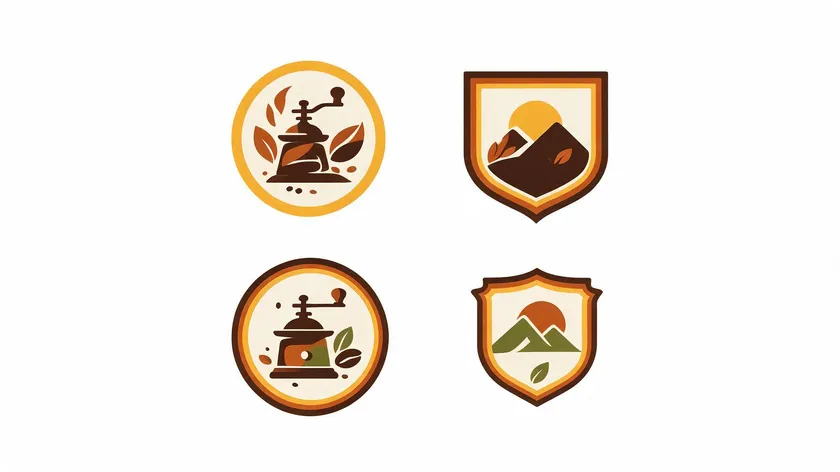 Showcase of four badge-style emblem logo concepts for cafes using grinder, mountain, and sunrise icon motifs.