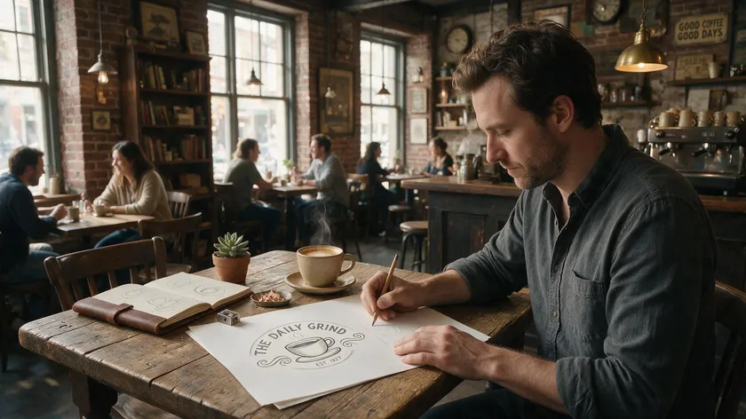 Man designing a with different cafe logos choices
