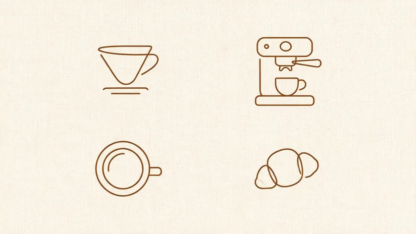 Single-line minimalist icon set for a cafe brand, including a dripper, espresso machine, mug, and croissant.