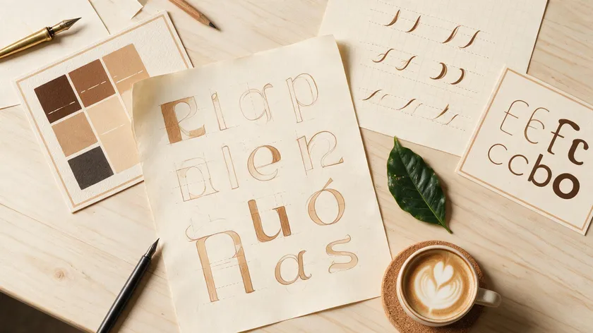 Flat lay of typography design elements for a cafe brand, including letterform sketches and coffee-toned color swatches.