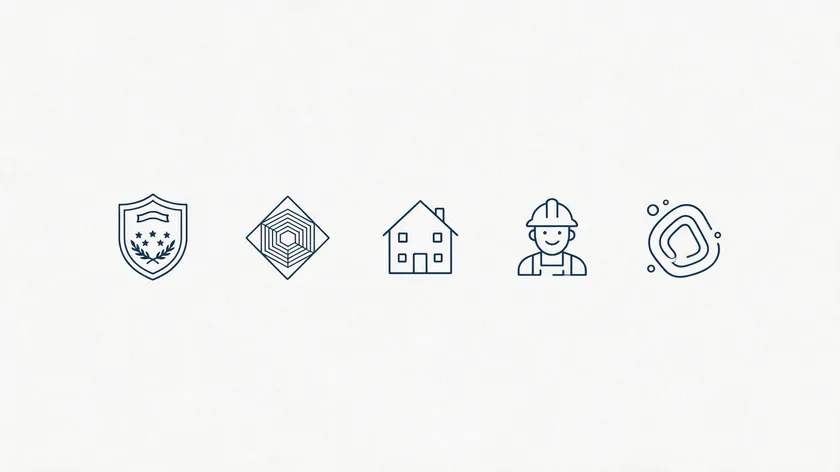 Five line-art icons representing different construction logo styles: a heritage shield, a geometric mark, a house, a builder character, and an abstract shape.
