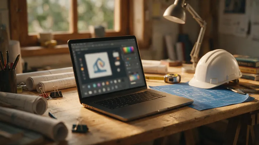 Laptop displaying a logo design interface on a workshop desk with blueprints and a hard hat, illustrating how to create construction logo ideas with an AI logo generator.