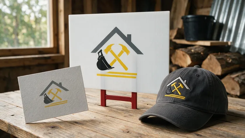 Construction logo mockup displayed on a yard sign, business card, and embroidered cap, showing construction logo ideas applied to real materials.