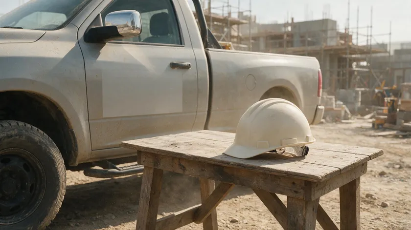 Contractor pickup truck and a white hard hat resting on a wooden table at a dusty construction job site, illustrating construction logo ideas for branding.