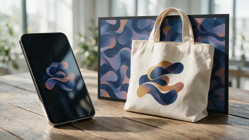 A dynamic logo mark applied consistently across a smartphone screen, tote bag, and print card to show brand touchpoints.