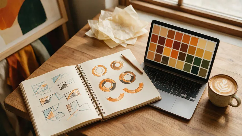 Designer's desk with sketchbook concepts and a laptop color palette, illustrating the dynamic logo design process.