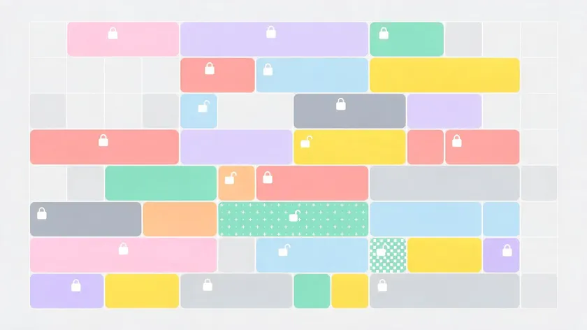 Modular grid illustrating a dynamic logo system, with locked icons over fixed elements and unlocked icons over variable elements.