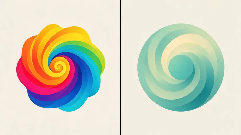 Split illustration comparing a vibrant, high-dynamic logo swirl against a calm, low-dynamic logo swirl for conservative brands.