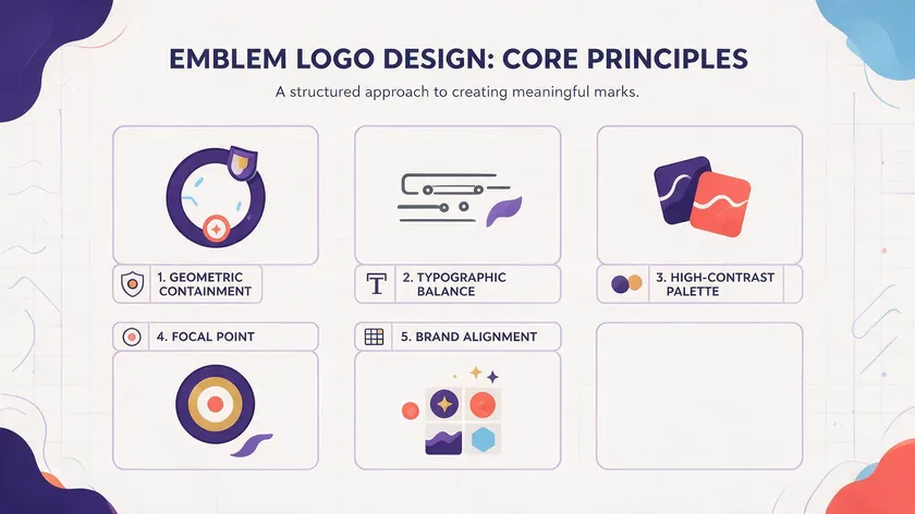 Infographic listing five core principles of emblem logo design, including geometric containment and typographic balance