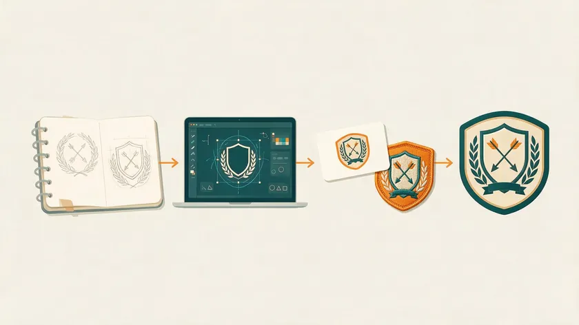 Illustration of the step-by-step emblem logo design process from sketch to final digital badge