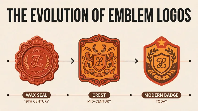 Timeline illustration showing the evolution of emblem logos from a wax seal to a crest to a modern flat badge