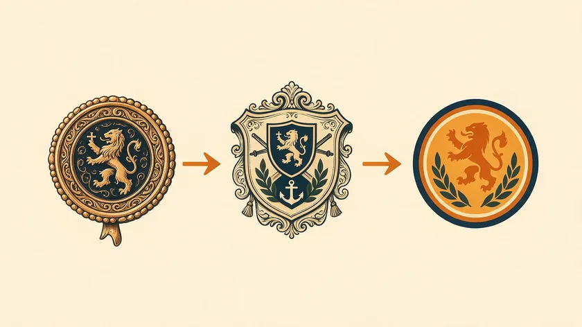 Illustration of an emblem logo evolving from an ornate gold medallion to a simplified flat circular badge