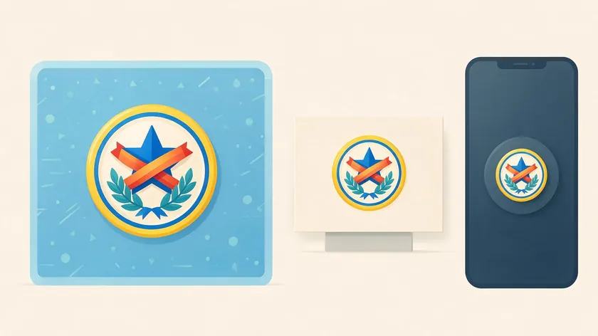 Illustration of a responsive emblem logo shown at three sizes, from a large badge to a small app icon