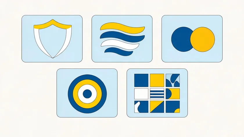 Flat illustration of shape, color, and typography options for emblem logo design, including a shield outline and color palette