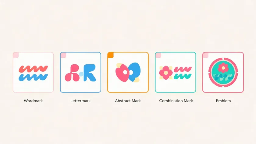 Flat illustration comparing five logo types, including wordmark, lettermark, abstract mark, combination mark, and emblem logo