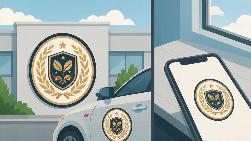 Split illustration comparing a large emblem logo on building signage and a vehicle with a smaller emblem logo on a phone screen