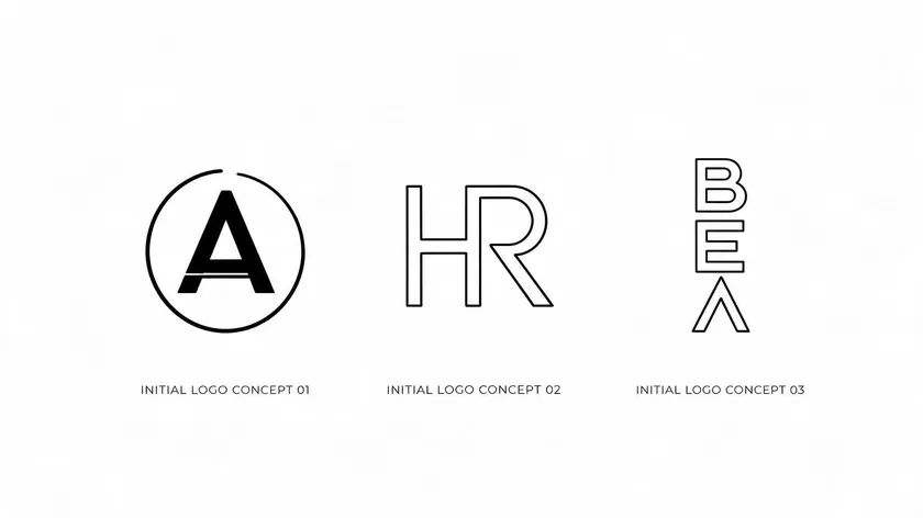 Three initial logo concept ideas compared: a single letter inside a circle, two interlocked initials, and three stacked letters.