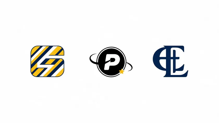Three examples of initial logo designs shown side by side, each built from a striped icon, a circular badge mark, and an interlocked letter monogram.
