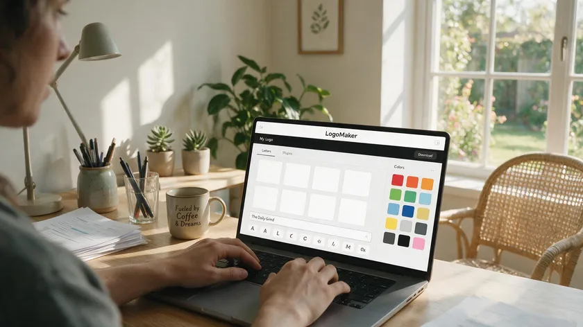 A person using a laptop to design an initial logo with an online logo maker, selecting letters, colors, and fonts.