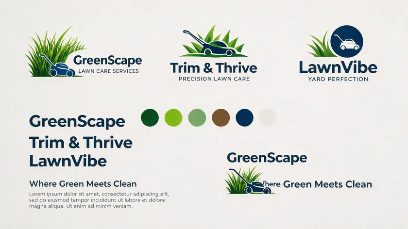 Grid layout of lawn care logo concepts with grass and mower icons, color swatches, and typography samples.
