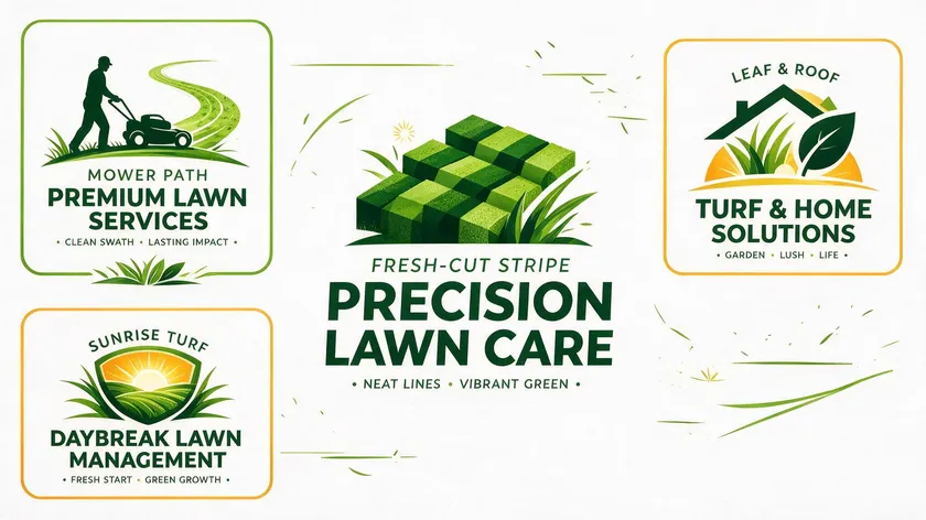 Showcase board of four lawn care logo concepts: Fresh-Cut Stripe, Mower Path, Leaf & Roof, and Sunrise Turf.
