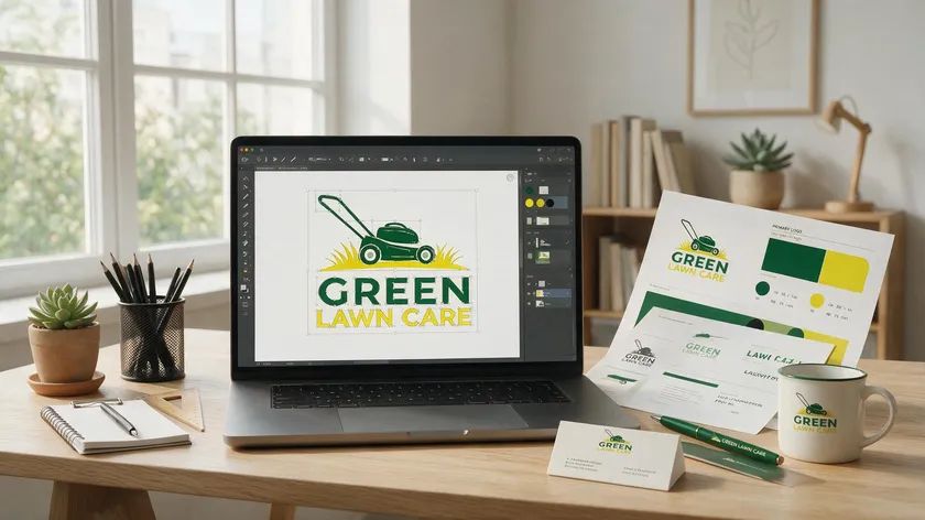 Designer workspace with a laptop showing vector logo design software and lawn care brand mockups on a desk.