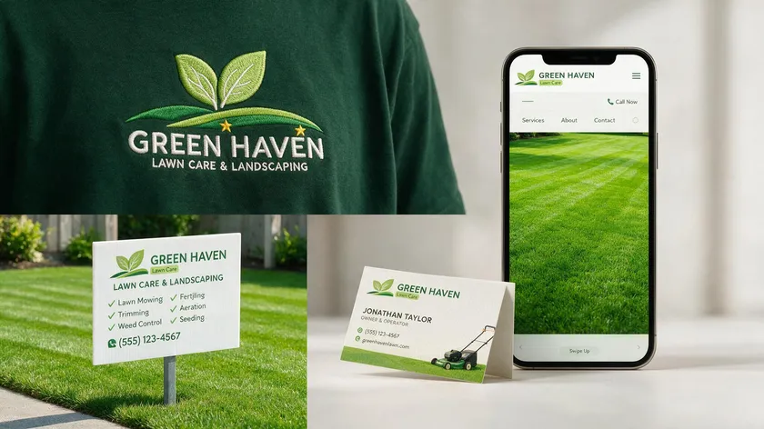 Lawn care logo mockup applied to a T-shirt, yard sign, mobile website, and business card for brand testing.