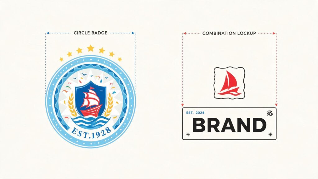 Circular emblem badge logo next to a combination mark logo with icon and text