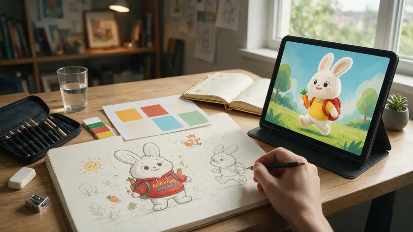 Sketchbook with pencil concept drawings of classic brand mascot characters