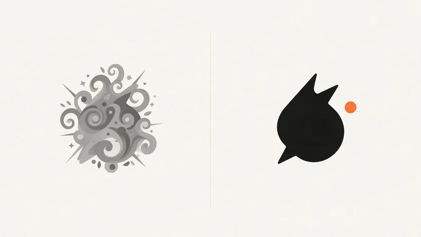 Before-and-after illustration showing a cluttered, ornate symbol simplified into one clean black shape with a single orange accent, demonstrating minimalist logo design.