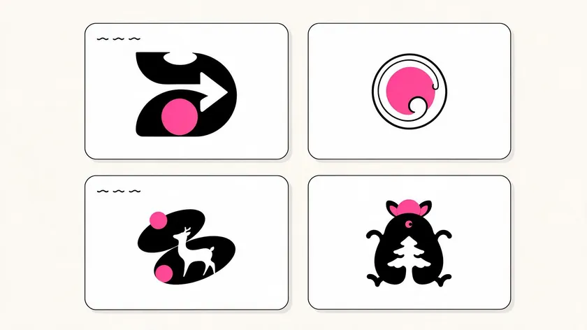Grid of four negative space logo concepts using hidden shapes like an arrow, a spiral, a deer, and a tree silhouette.