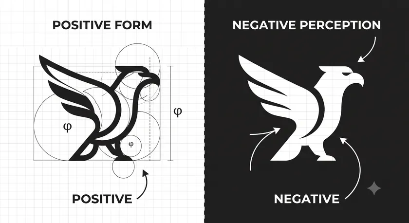 Eagle logo design broken down with golden ratio guides, comparing the positive form against its negative space perception.