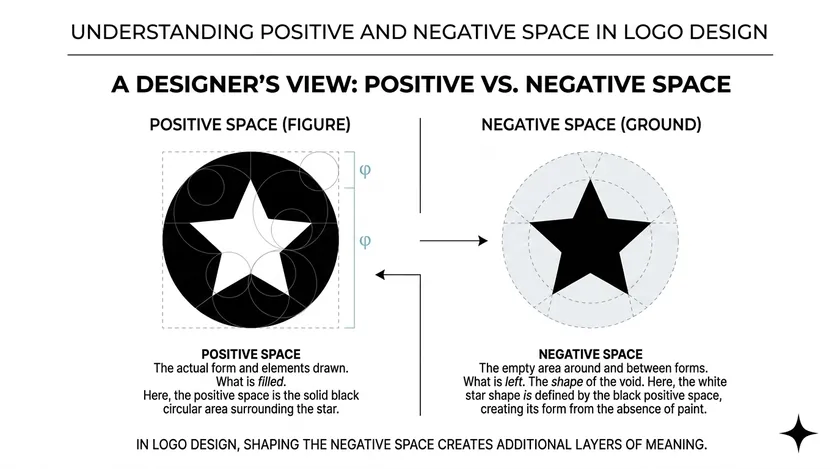 Side-by-side comparison showing positive space versus negative space in logo design, using a house shape and a star cutout.