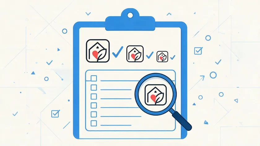 Checklist illustration testing a negative space logo's clarity at different sizes, with a magnifying glass reviewing the smallest version.