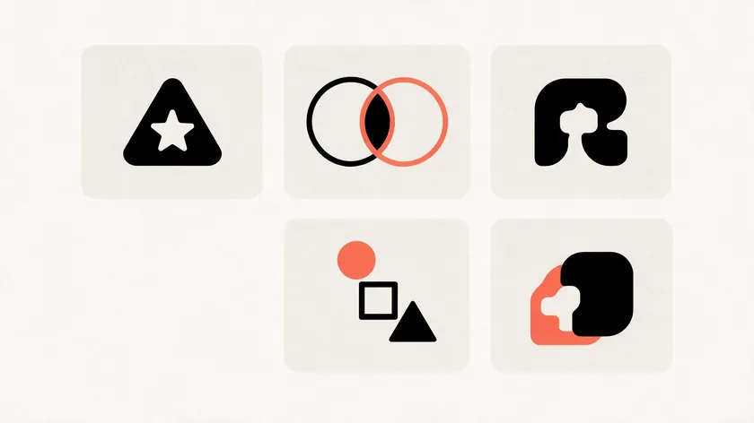 Grid of five negative space logo ideas exploring stars, overlapping circles, and letterforms as hidden shapes.