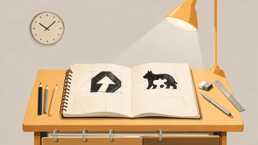 Designer's desk with a sketchbook showing early pencil concepts for negative space logo shapes.