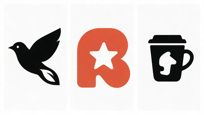 Three negative space logos examples: a bird formed by empty space, a letter R with a star cutout, and a coffee cup with a hidden face silhouette.